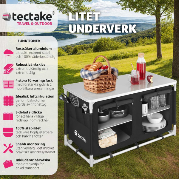 tectake Campingkök Bekvämlighet med 4 fack Svart