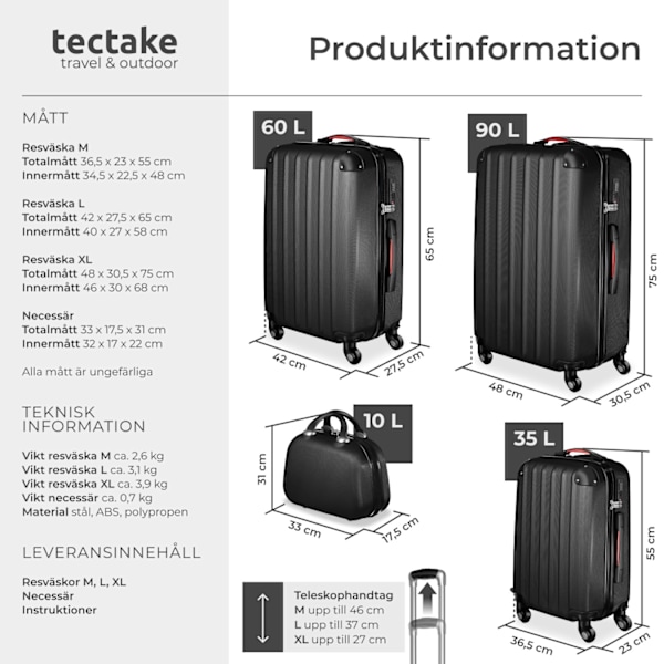 tectake Resväskor 4 set Pucci, bagage av ABS-hårdplast Svart