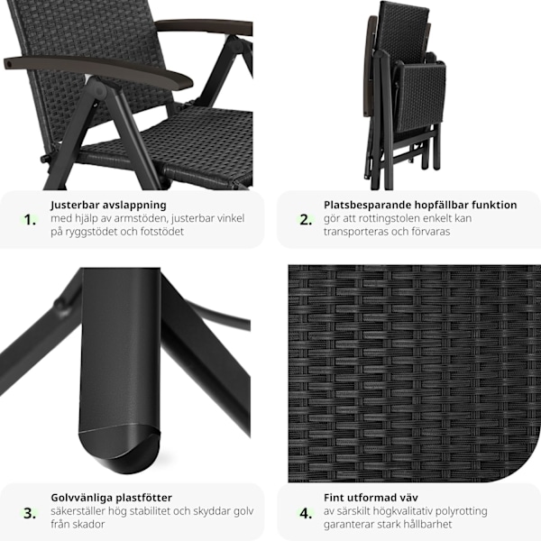 tectake Fällbar stol i rotting med aluminiumram och fotstöd Svart