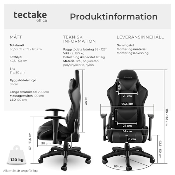 tectake Gamingstol Tartaros, LED, massagefunktion Svart