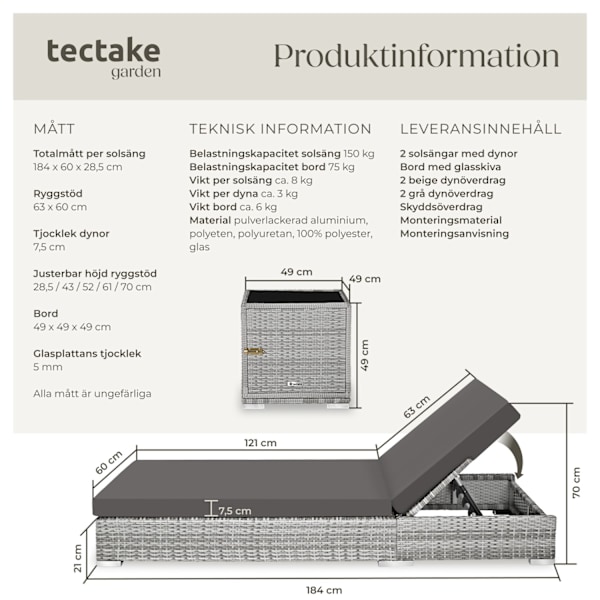 tectake Set med 2st solsängar och 1 bord i konstrotting Ljusgrå