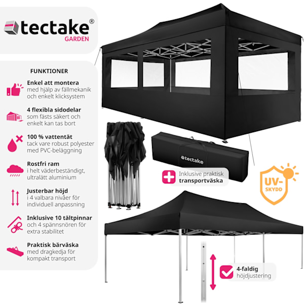 tectake Hopfällbar partytält Viola 3x6 m med 4 sidodelar Svart