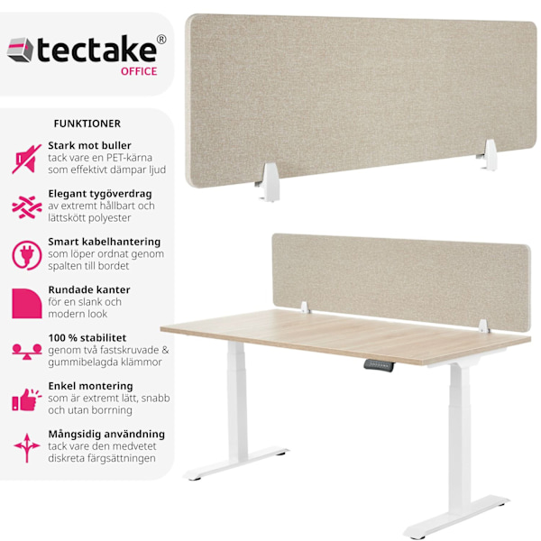 tectake Skrivbordsvägg, avskiljare Noisy med rundade hörn - 160 x 40 cm Beige