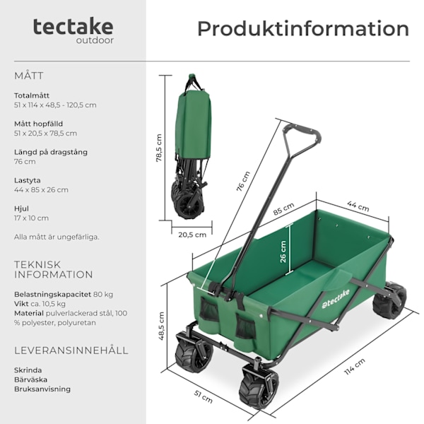 tectake Hopfällbar skrinda med breda däck, lastvagn med kapacitet 80kg Grön