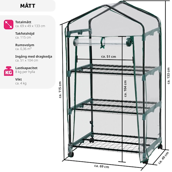 tectake Mobilt växthus med 3 hyllplan 69x49x133cm Transparent