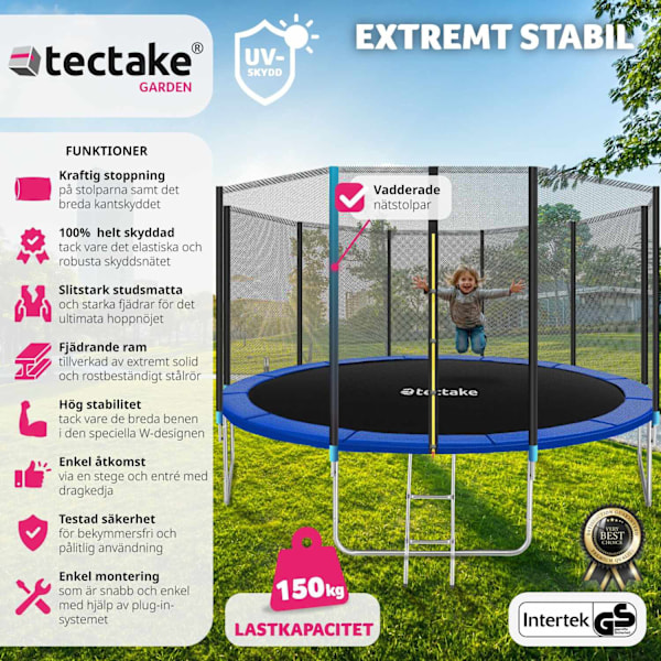 tectake Studsmatta Garfunky med skyddsnät , upp till 80 kg - 427 cm Blå