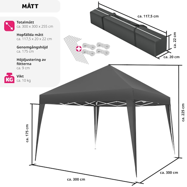tectake Hopfällbar Paviljong Linosa 3x3 m grå