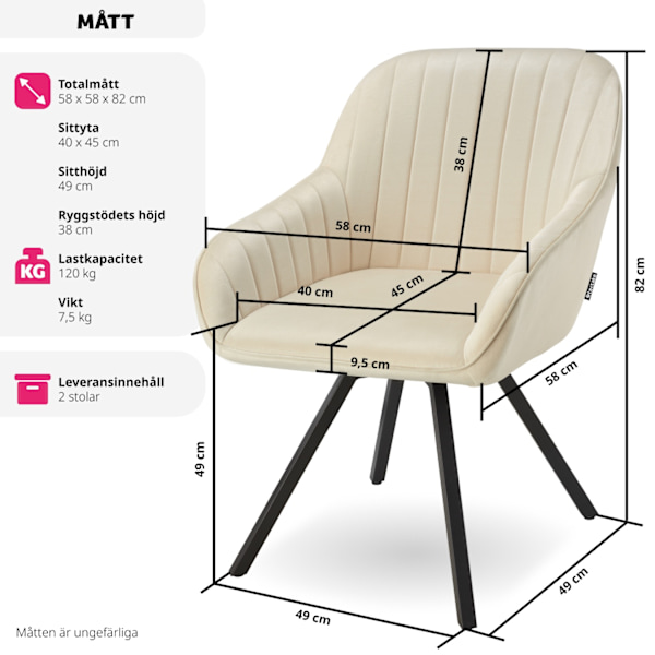 tectake Roterbar stol Snug i sammet, vadderad -  Uppsättning av 2 Grädde