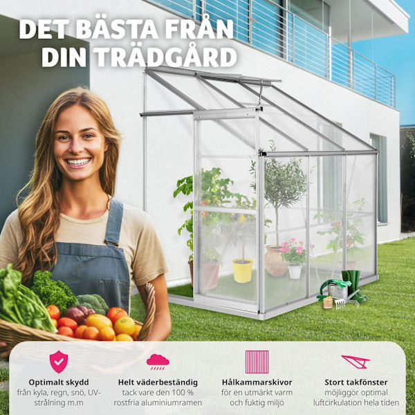 tectake Väggväxthus av aluminium med fundament 192x128x202cm Transparent