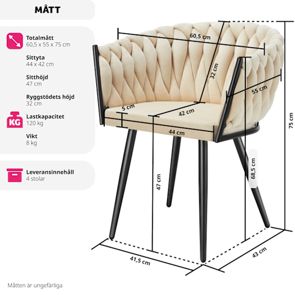 tectake Matstol Astano i sammet, knutdesign -  Uppsättning om 4 Sand