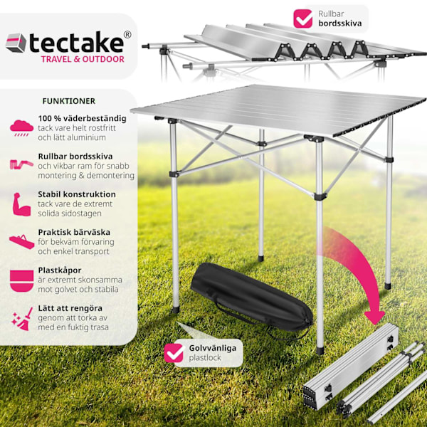 tectake Campingbord i aluminium, hopfällbart 70 x 70 x 70 cm grå