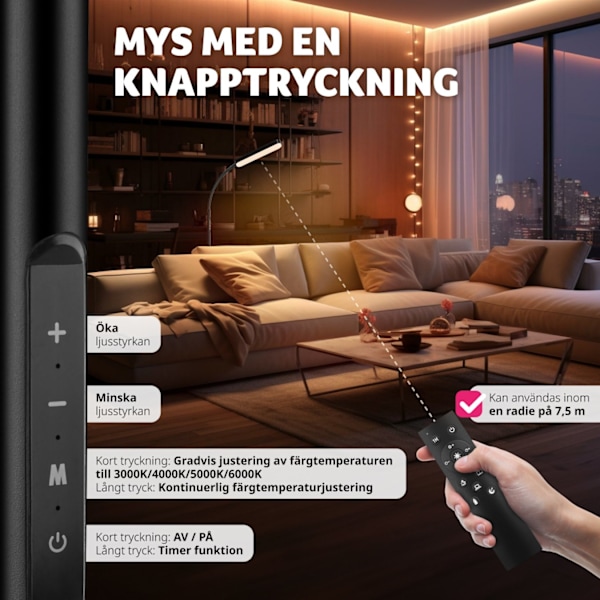 tectake Golvlampa Prisma LED, 5 ljuslägen, 12 W, dimbar Svart