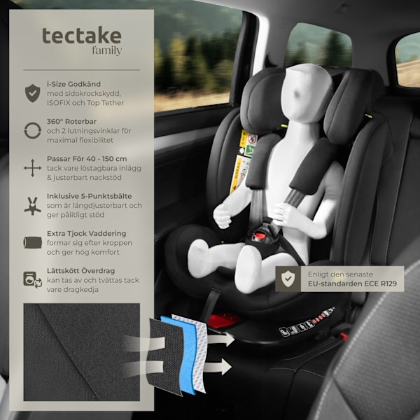 tectake Roterbar bilbarnstol Linus, i-Size godkänd, ISOFIX Ljusgrå