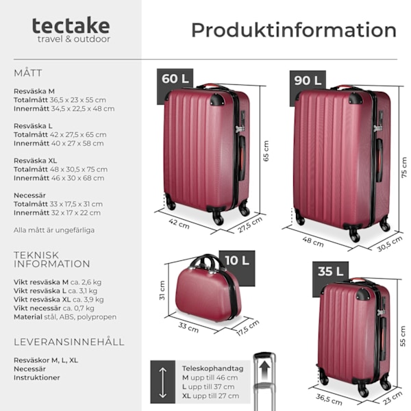 tectake Resväskor 4 set Pucci, bagage av ABS-hårdplast Vin, röd