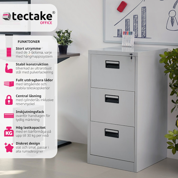 tectake Dokumentskåp med 3 lådor grå