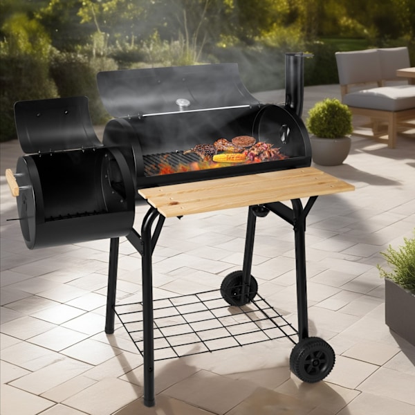 tectake Kolgrill med lock och värmeställ, inklusive temperaturvisning Svart