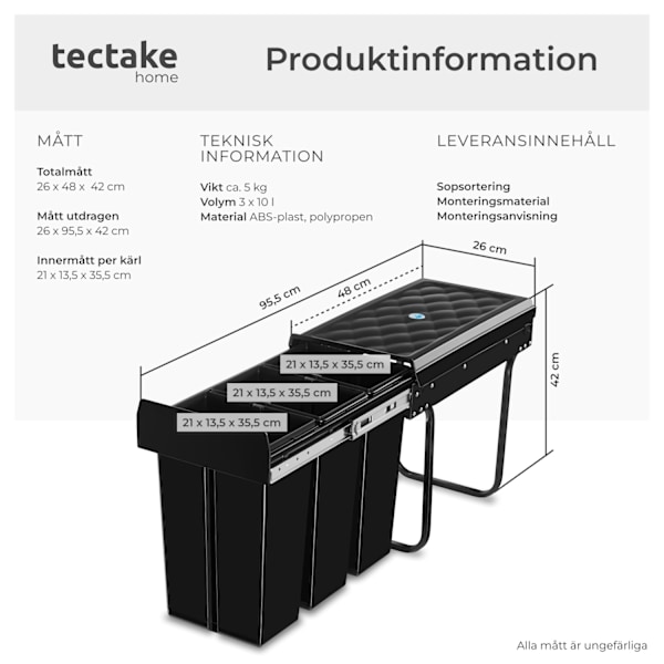 tectake Sopsortering Ashlyn, 3-kärl, 30L Svart