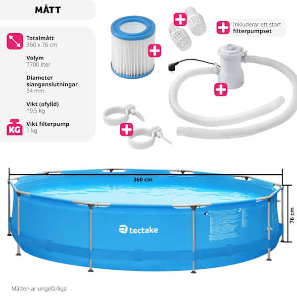 tectake Pool rund med filterpump Ø 360 x 76 cm Blå