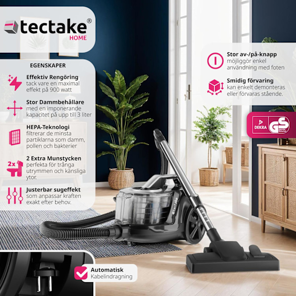 tectake Dammsugare VC900, 900 W, påslös, hårda golv och mattor grå