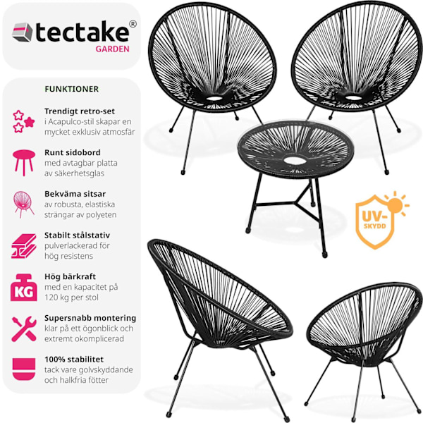 tectake 2-set Loungestol Santana med bord Svart