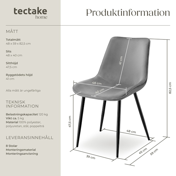 tectake Set med stolar i sammetslook Monroe -  Uppsättning om 8 grå