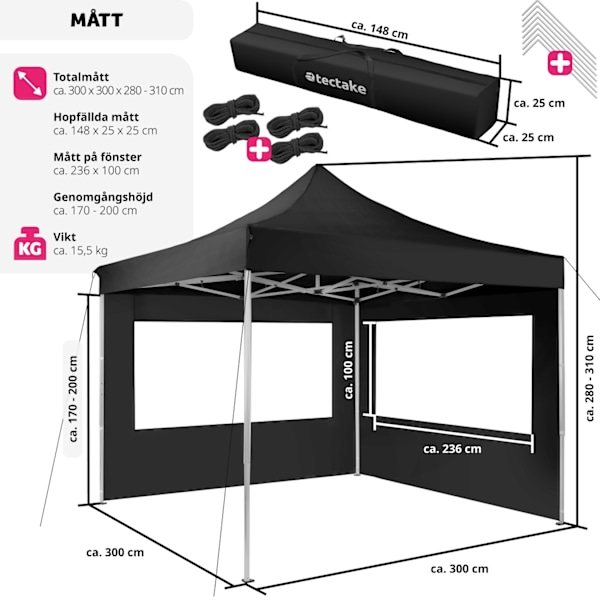 tectake Hopfällbar partytält Olivia 3x3 m med 2 sidodelar Svart