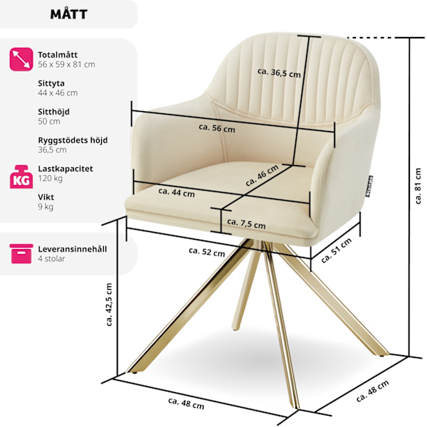 tectake Skrivbordsstol Lona i sammet med tjock stoppning -  Uppsättning om 4 grädde/guld