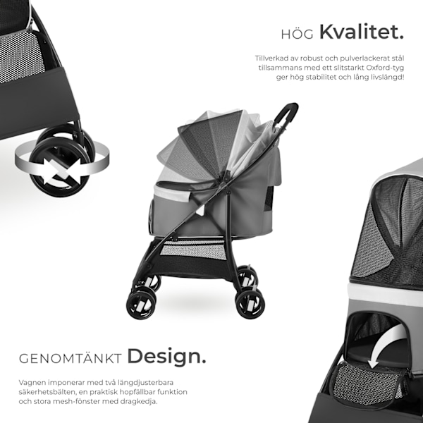tectake Hundvagn Eddy, hopfällbar, fjädrad, 2 säkerhetsbälten Ljusgrå