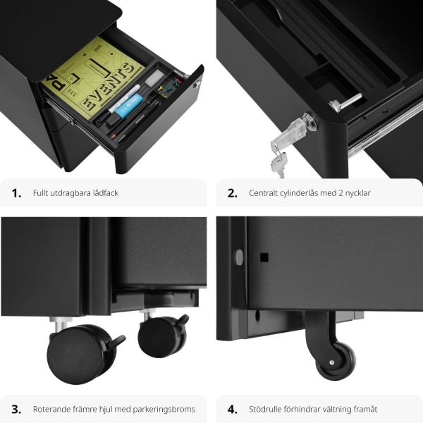 tectake Rullande arkivskåp Parvus, 2 lådor, 1 hängmappsskåp Svart
