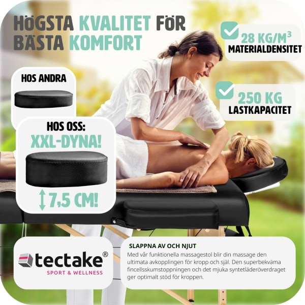 tectake 3-zons massagebänk Somwang med 7,5 cm stoppning och trär Svart