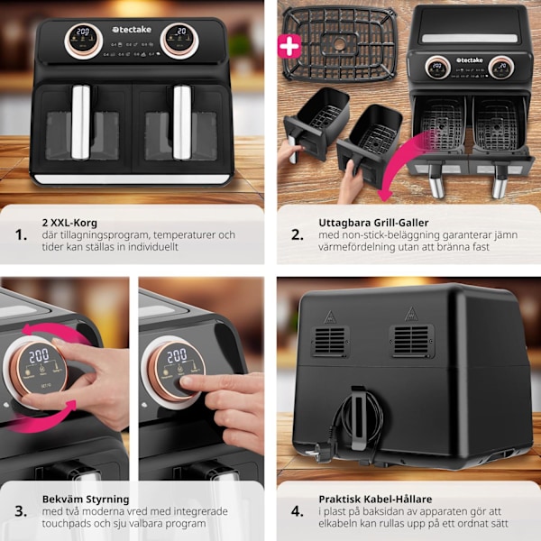 tectake Airfryer Samurai, 2 kokkammare, 7 program, 2400W Svart