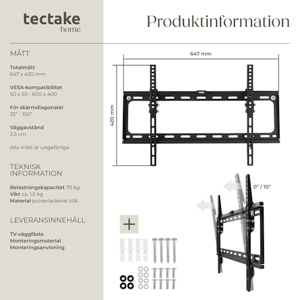 tectake Väggfäste för 32-100 tum lutbar Svart