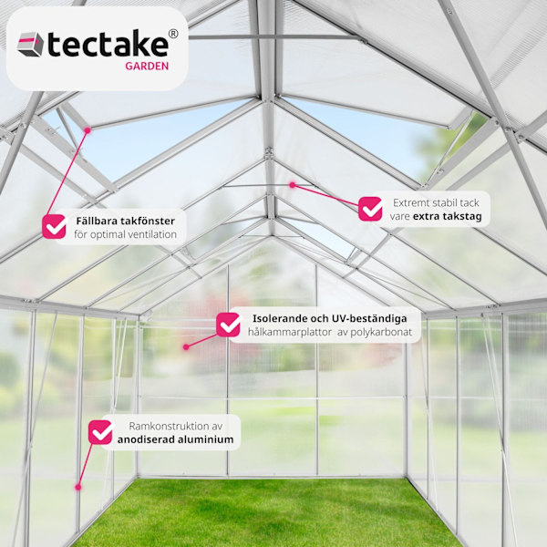 tectake Växthus av aluminium, UV-beständig, 185x375x195cm Transparent