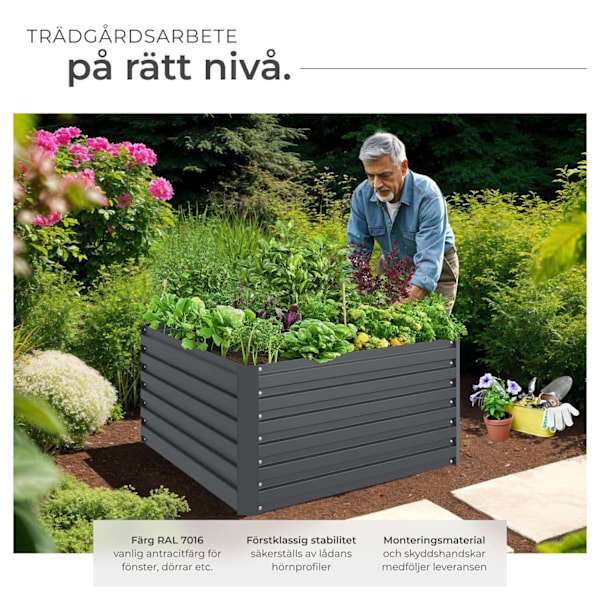 tectake Odlingslåda Blomma 540L i galvaniserat stål, 100x100x56cm Grafitgrå