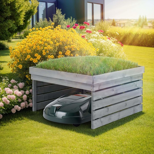 tectake Garage för robotgräsklippare Hortus, trä, planterbart tak grå