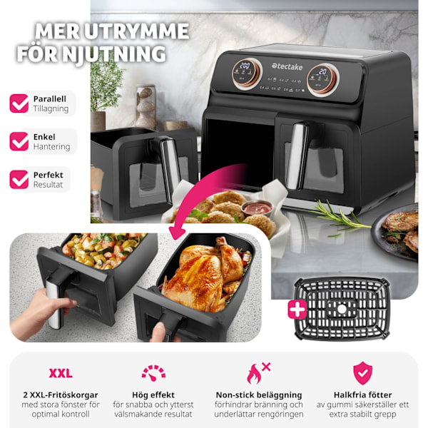 tectake Airfryer Samurai, 2 kokkammare, 7 program, 2400W Svart