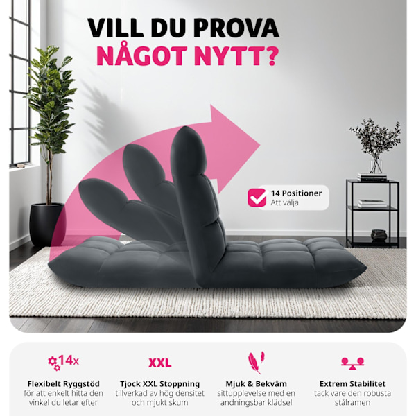 tectake Avslappningsfåtölj Snooze, 2 i 1, sammet, 14-stegs justerbar grå
