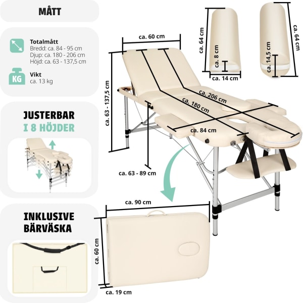 tectake 3-zons massagebänk med 5 cm stoppning, rullar och aluminiumram Beige