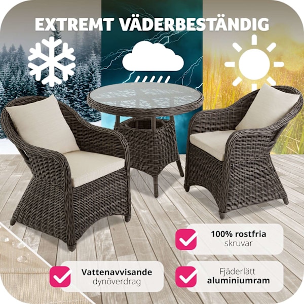 tectake Lyxig möbelgrupp i konstrotting med 2 fåtöljer och bord grå