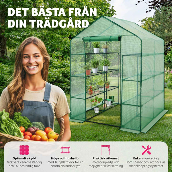 tectake Växthus med presenning, fyrkantig bas 143x143x195cm, Trä Grön