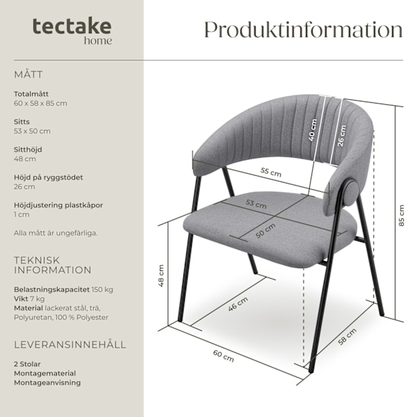tectake Bedano fåtölj, stoppad, väv, 150 kg -  Uppsättning av 2 grå