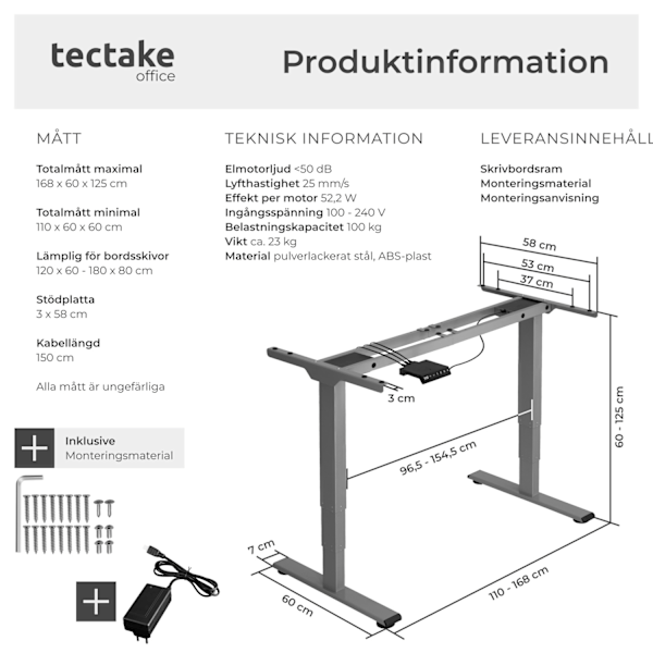 tectake Höj- och sänkbart skrivbord Twain grå
