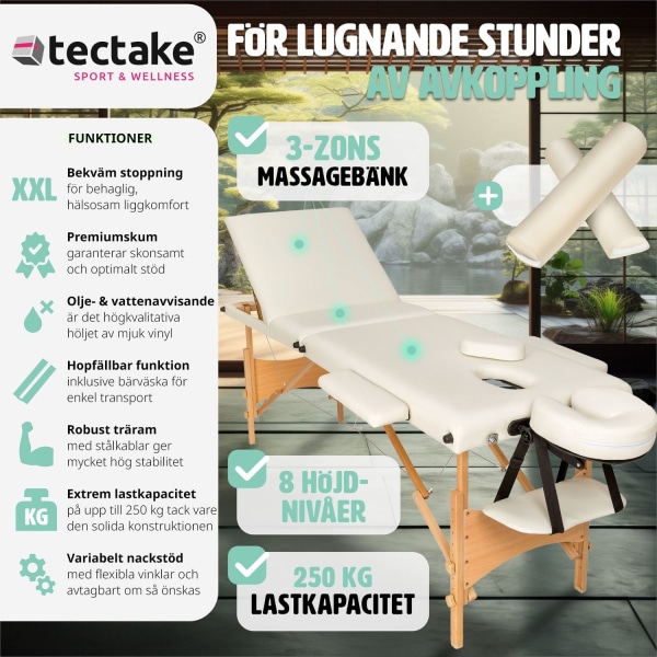 tectake 3-zons massagebänk-set Daniel med stoppning, rullar och träram Beige