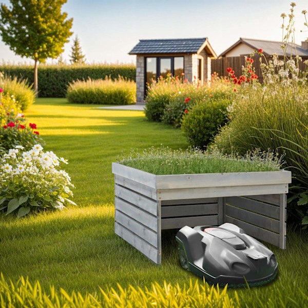 tectake Garage för robotgräsklippare Hortus, trä, planterbart tak grå