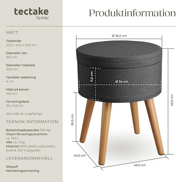tectake Sittpuff med förvaringsutrymme Yara Mörkgrå