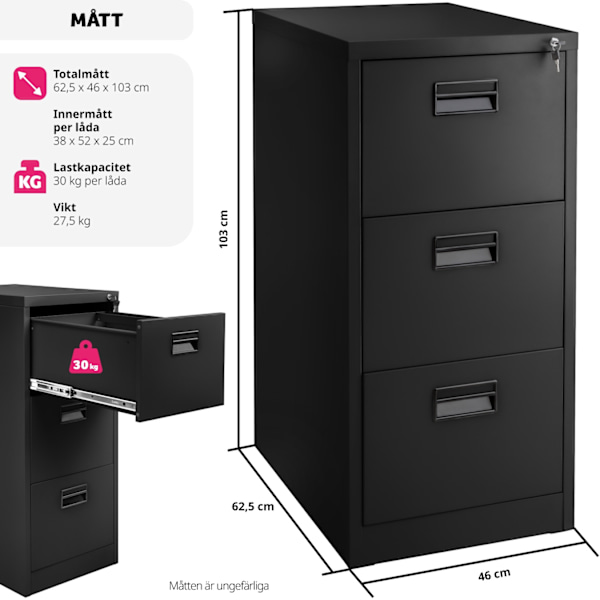 tectake Dokumentskåp med 3 lådor Svart
