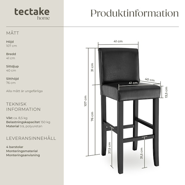 tectake Barstol i konstläder -  Uppsättning om 4 Svart