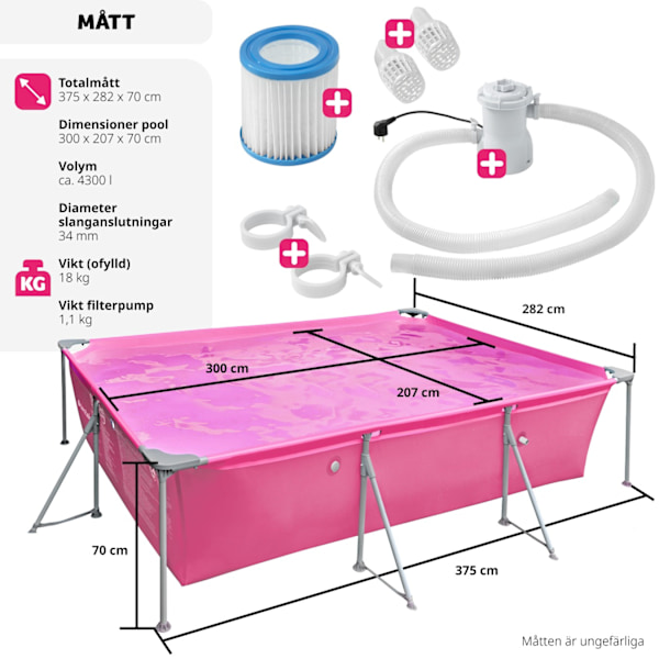 tectake Pool fyrkantig 300 x 207 x 70 cm Rosa