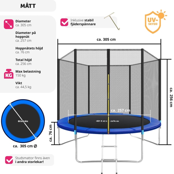 tectake Studsmatta, trampolin med skyddsnät, upp till 80 kg - 30 Blå