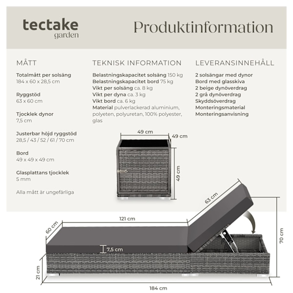 tectake Set med 2st solsängar och 1 bord i konstrotting grå